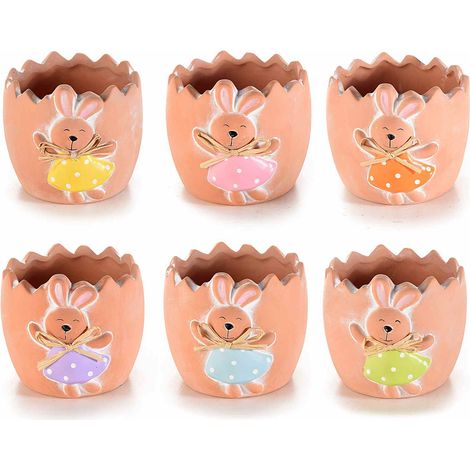 Petit pot de Pâques œuf en céramique avec lapin décoratif, lot de 6, 10,5 x 11,5 x H. 9,5 cm