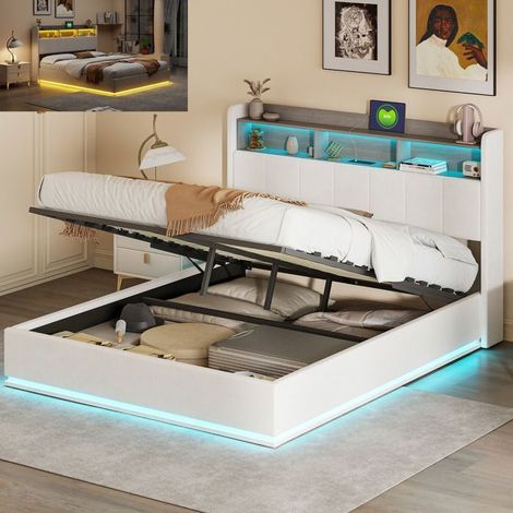 Letto contenitore 160x200 cm in velluto bianco con LED integrato, rete a doghe e ampio spazio di stoccaggio