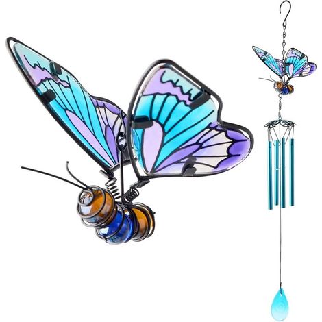 Carillon éolien papillon en fer et vitrail - Cadeau pour maman, carillon d'extérieur pour la maison et le jardin (1/3)
