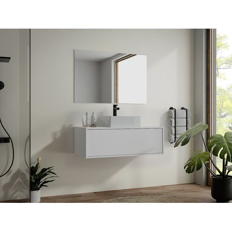 Meuble de salle de bain suspendu blanc avec simple vasque carrée - 94 cm - TEANA II (1/4)