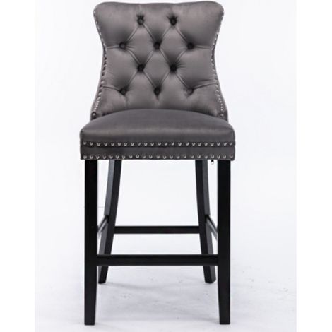 Tabourets de bar contemporains en velours capitonné, pieds en bois et garniture cloutée chromée, style décontracté, lot de 2 (gris)