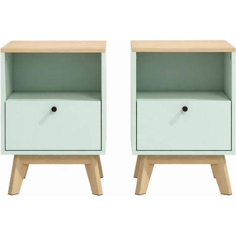 Lot de 2 tables de chevet avec tiroir et niche ouverte, en MDF vert clair, style moderne, base surélevée de 15 cm, faciles à nettoyer, pour chambre et salon  CHICFURN (1/5)