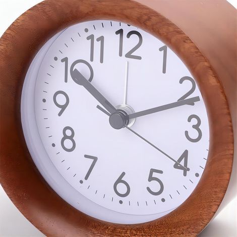 Runder Wecker aus Holz mit simuliertem Stummmodus, arabischen Ziffern, Einschlafhilfefunktion, Nachtlichtfunktion, batteriebetrieben, einfach einzustellen, geeignet für Schreibtisch oder Nachttisch (b