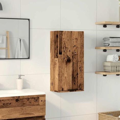 Meuble de Rangement Mural pour Salle de Bain en Bois Style Rétro, Armoire de Toilette Suspendue 32x20x67 cm, Étagère de Douche avec Porte et Niches, Décoration Rustique (1/5)