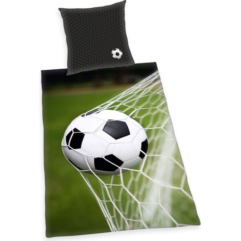 Parure de Lit Football, Taie d'oreiller 80 x 80 cm, Housse de couette 135 x 200 cm, Microfibre, Noir/Gris (1/5)