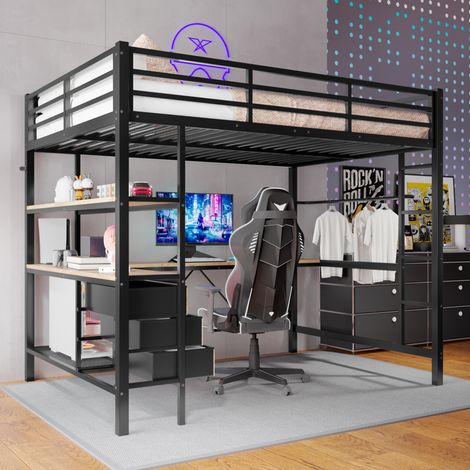 Lit mezzanine 140/200 cm noir en métal avec bureau, rangements et éclairage (1/5)