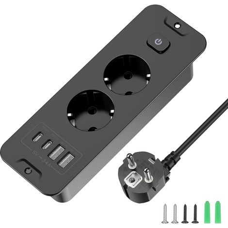 Doppelschubladenadapter – Doppelschubladenadapter mit 2 USB-Anschlüssen, Tischsteckdose mit 2 USB-C-Anschlüssen, 2 Schaltern, 2 m Kabel, schwarz, Doppelschubladenadapter, schwarz, Doppelschubladenadap