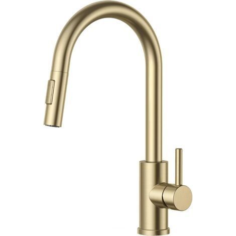 Robinet de cuisine doré à double fonction - Pivotant à 360 degrés - Robinet mitigeur de cuisine pré-rincé avec pulvérisateur extractible - Or brossé (1/4)