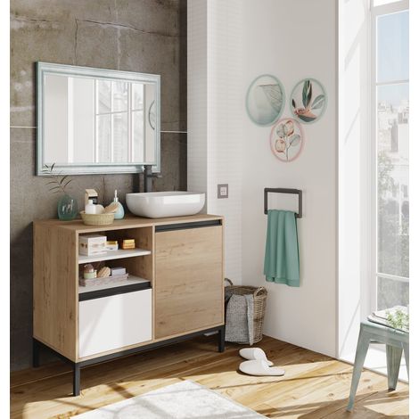 Meuble de Salle de Bain Industriel avec Structure à Pieds, 2 étagères, tiroir et Porte, Blanc, Chêne Gold et Noir, pour lavabo à Poser, 100cm, Style Moderne, modèle Tamesis (1/5)