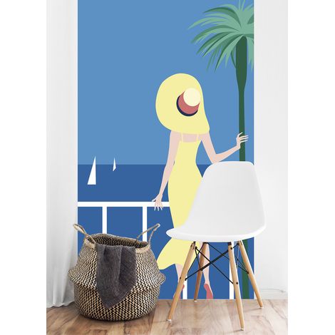 Papier peint intissé Vue sur mer avec personnage romantique jaune, 250 cm X 150 cm. Déco murale panoramique unique. (1/2)