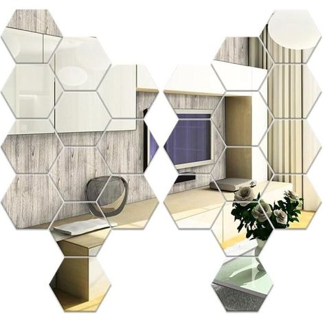 24 pièces Miroir Hexagonal Mural, Miroir Adhesif Mural Argent 126×110×63mm, Miroirs Muraux Autocollant Hexagone en Acrylique pour Canapé TV Fond Décoration, Chambre, Salon (1/4)