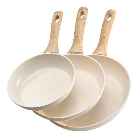 Sartén de Aluminio para Huevos, 3 uds 200, 240 y 280 mm, Antiadherente, de Cerámica Resistente con Mango Resistente al Calor, Ideal para Cocina de Chef, Gas, Eléctrica e Inducción, Beige (1/5)