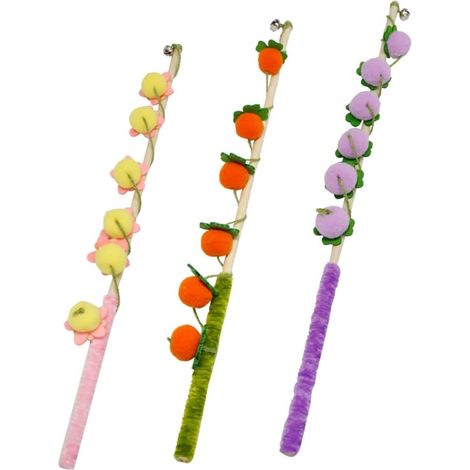 Juguetes interactivos para gatos con forma de varita y diseño de frutas, paquete de 3, para gatitos de interior, amarillo, naranja y morado (Amarillo, naranja y morado, tamaño mediano)