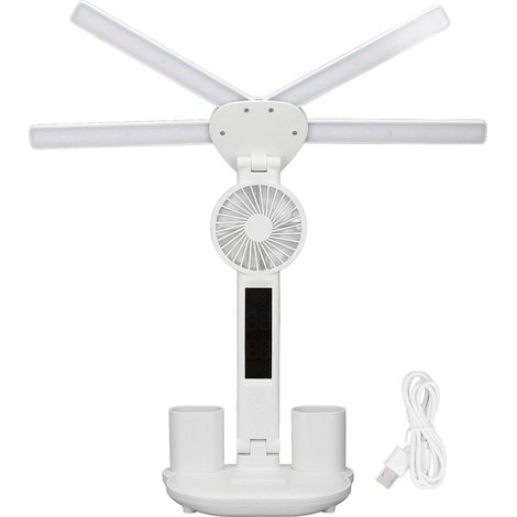 Lampe de bureau pliable à 4 bras avec ventilateur, rechargeable, 3 couleurs, LED réglable, affichage numérique et porte-stylo pour la lecture et l'étude. (1/5)