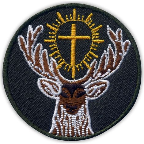 Aufnäher mit dem Symbol des Heiligen Hubertus – dem Schutzpatron der Jäger – dunkelgrüner Hintergrund – Magnetische Rückseite – Gestickter Aufnäher/Abzeichen/Emblem