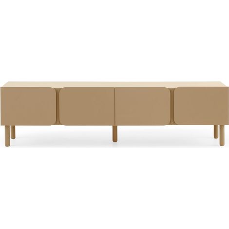 Meuble TV en MDF beige sable, angles de porte arrondis et bande rainurée, pieds en bois massif (1/5)