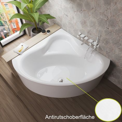 ECOLAM Badewanne BALA 140 x 140 cm mit Antirutsch + Schürze Verkleidung Eckbadewanne Acrylwanne symmetrisch Ablaufgarnitur Ab- und Überlauf Füße Silikon