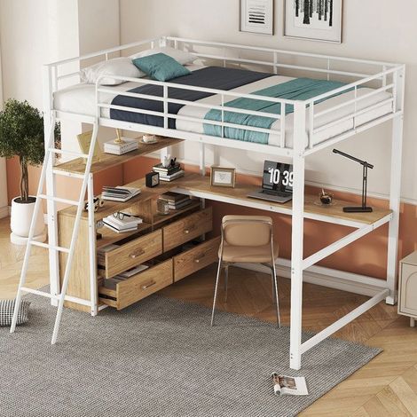 Lit en mezzanine - GUTENT - 140x200 cm - Métal - Blanc - Avec tiroirs et bureau en L (1/5)