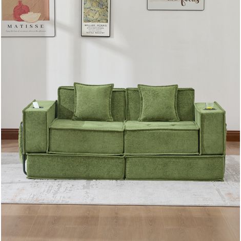 Canapé 2 places en chenille vert 162x78x66 cm avec coussins et poches latérales de rangement (1/5)