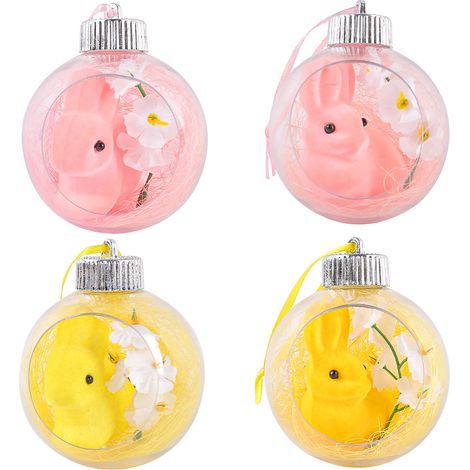 Lot de 4 Boules Transparentes Pâques Lapins Tournoyants & Assis Décoration Fenêtre Acrylique Rose Jaune (1/2)