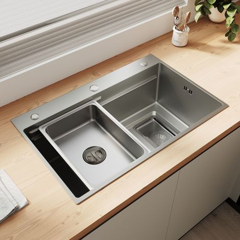 SIRHONA Évier 1 bac inox 304 nano argenté 70x45 cm, large bord grains de riz 3D, égouttoir inclus profondeur 24.5 cm