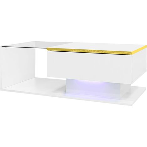 ELVMI Tavolino da salotto con 1 vano contenitore, ripiani aperti e LED, in truciolare, 90 × 50 × 32.5 cm, Bianco (1/4)