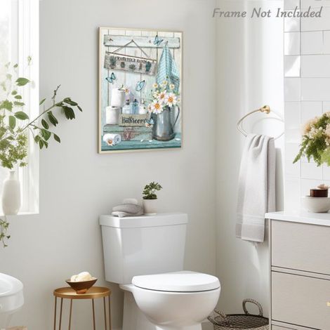 Décoration Murale de Salle de Bain Farmhouse,Tableau Fleur et Papillon Sarcelle,Panneau Lave-toi les Mains 30x40cm Sans Cadre (1/5)