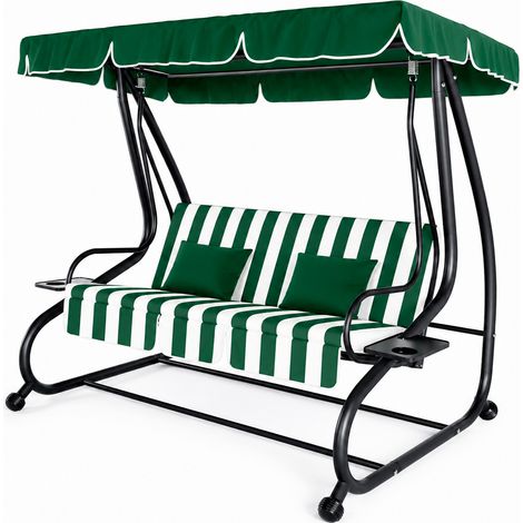 Dondolo Altalena 3 Posti Reclinabile Con Copertura Parasole Orientabile Seduta Morbida Imbottita Trasformabile In Letto Per Giardino Terrazza Balcone Relax 200 x 120 x 160 Cm Verde E Bianco (1/5)