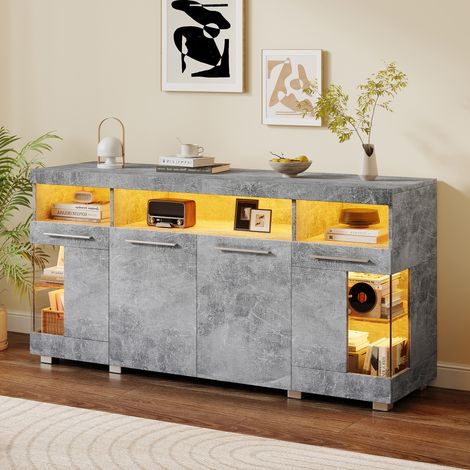 Credenza da soggiorno 140 x 40 x 70 cm con LED e ante in vetro temperato grigio DESVIAE (1/5)