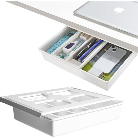 Tiroir Sous Bureau, Auto-Adhésif, Rangement Amovible Sous la Table avec Rail Coulissant Lisse, Tiroir Caché pour Bureau, Cachettes, Maison, École, Blanc, Taille L