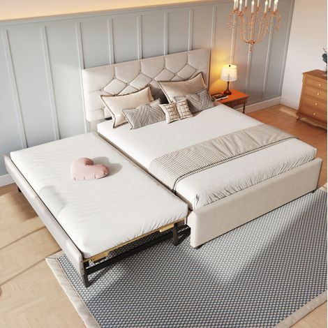 Letto estraibile 140x200+90x200 - letto imbottito in tessuto - Letto per adulti 140x200 - con 2 reti e un letto a cassetto - Rete a doghe - Contemporaneo - Beige