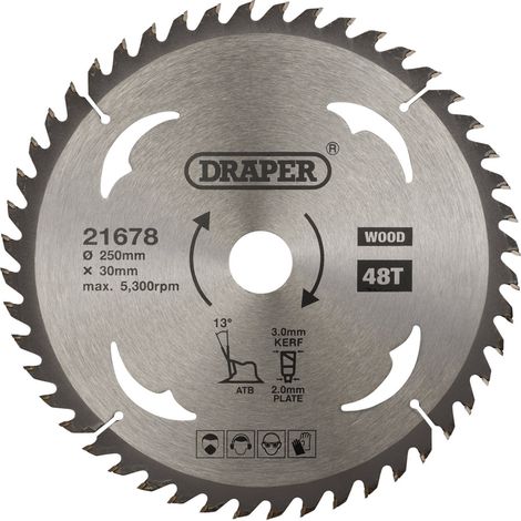 Draper 21678 TCT Circular Saw Blade for Wood – 250mm Diameter, 30mm Arbor, 48 Teeth