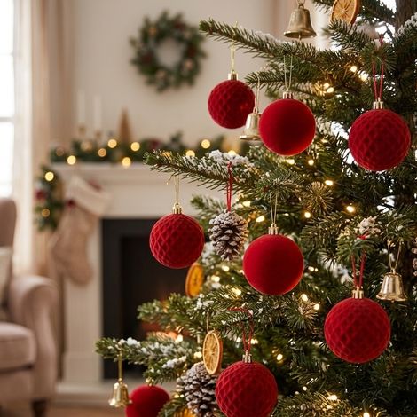 Set Palline di Natale Effetto Velluto, sfere Rosse da Ø 8-10 cm -12 palline da 8 cm (1/5)