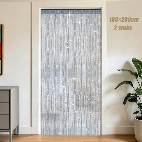 Rideaux de porte à pompons 2 pièces 100 x 200 cm – Rideaux scintillants anti-mouches et anti-insectes – Décoration pour portes fenêtres et intérieur – Argenté (1/5)