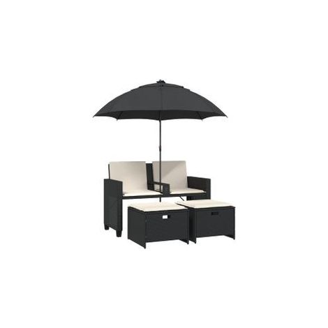 Canapé de jardin 2 places avec parasol et tabourets noir rotin (1/5)