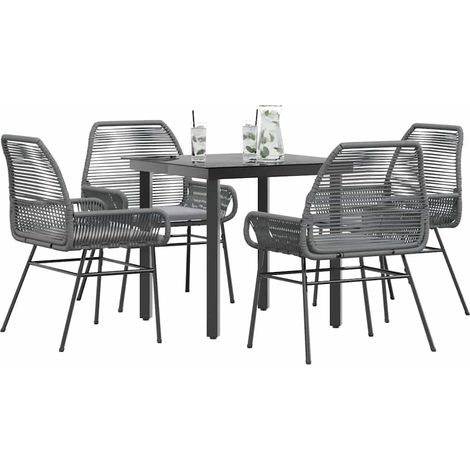 5-tlg. Garten-Essgruppe mit Kissen Grau Poly Rattan Glas