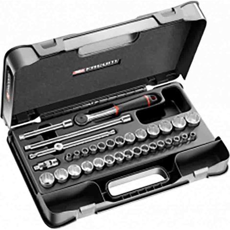 Facom – Coffret cliquet et douilles 3/8" – 34 pièces – 16 douilles métriques et 13 douilles en pouces – 2 rallonges et cardan inclus