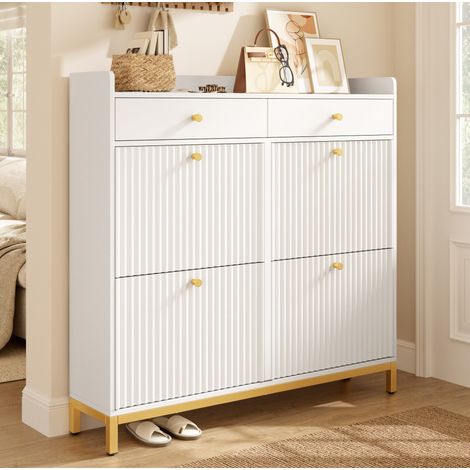 Mueble zapatero estrecho 106,5 x 25 x 107 cm con 4 compartimentos abatibles, 2 cajones y sistema antivuelco, blanco (1/5)