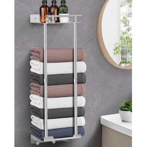 1 - Porte Serviette - Accessoire Salle de Bain - Extensible 41-72cm et Étagère - Fixation Murale Auto-adhésive ou à Visser - Pour Douche et WC - Argent - 81cm (1/5)