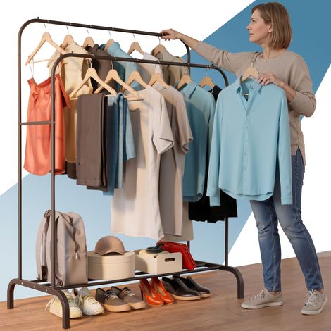 Portant a vetement en acier – jusqu’à 35 kg – Penderie avec double barre et étagère porte-chaussures – Pieds antidérapants – Embouts anti-chute pour cintres – Montage rapide (1/5)