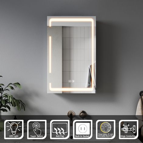 ELEGANT Bathroom LED Mirror with Shaver Socket Demister 3 Lighting Modes Bathroom Mirror Cabinet, Single Door 380x600mm