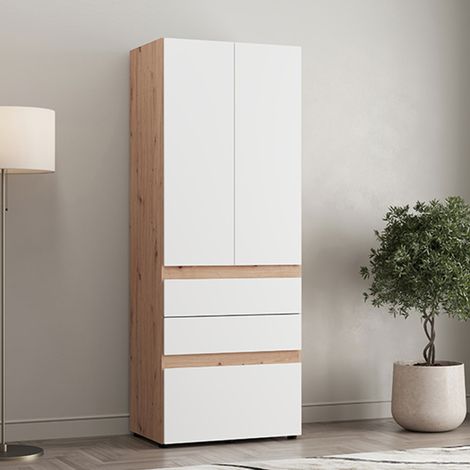 Garderobenschrank 2 Türen Venas, Schlafzimmer Kleiderschrank mit Kleiderstange, 3 Schubladen, 1 Regal, 79x208h cm Weiß Matt (1/5)