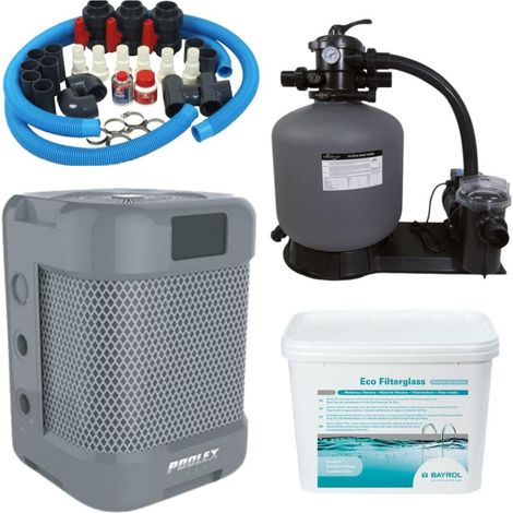 Pack Pompe à chaleur Piscine Poolex Q-Line 5 + By pass universel + Pompe de filtration + Filtre à sable + Verre Filtrant (1/5)
