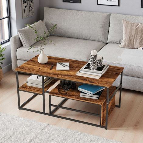 Couchtisch - Schwarze Beine und Holzoptikplatte - Beistelltisch - Marmortisch - Quadrat - 105x52x48 cm