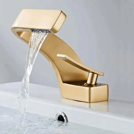 Mitigeur de lavabo doré Brossé en laiton avec valve en céramique à arc bas pour salle de bain avec une poignée simple touchant un trou/trois trous pour mitigeur d'eau chaude et bouclée