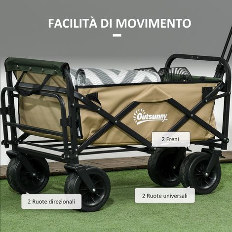 Chariot de jardin 110L à poignée rétractable, fond basculant en acier et Oxford, teinte kaki (1/5)