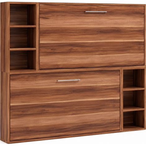 Lit escamotable superposé avec niches de rangement BRIANO Noyer Sans matelas-80x200-Cadre Noyer-Façade Noyer (1/5)