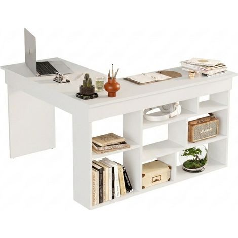 Bureau d'Angle et Etagère 8 Niches Blanc L 129 H 72 P 120 cm (1/5)