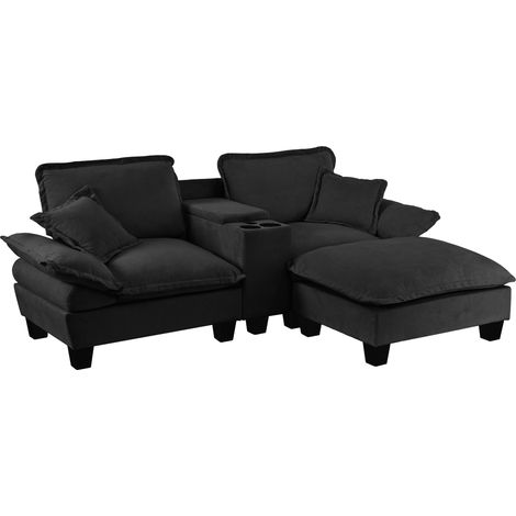 Modulares Ecksofa in L-Form mit Chaise Longue, schwarzem Chenille, USB und Stauraum (1/5)