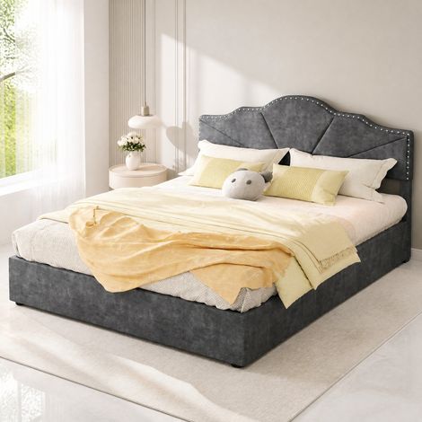 MEUBLIV Cama con canapé 160x200 cm gris, cabecero tapizado, sin colchón (1/5)